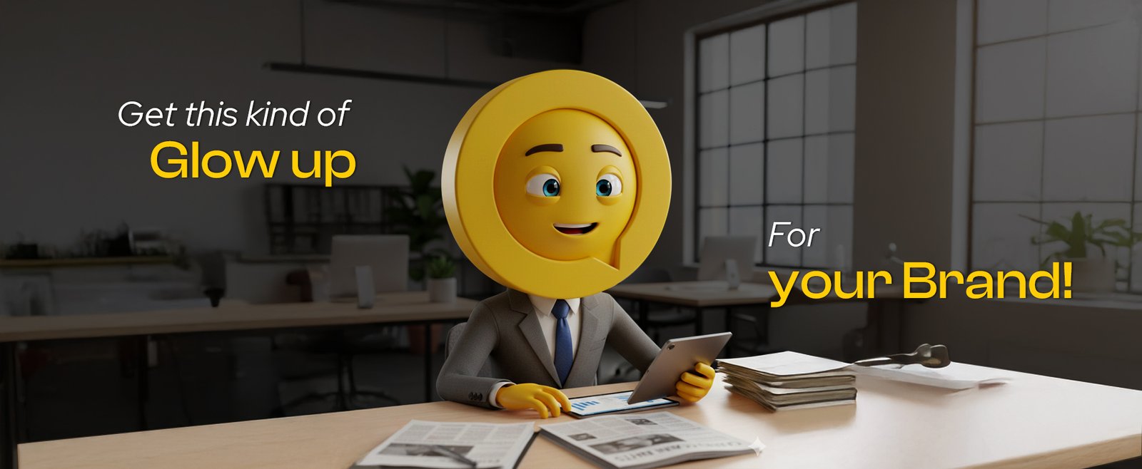 3D business character in suit using tablet at modern office desk, promoting digital marketing, 
branding, and social media services with tagline